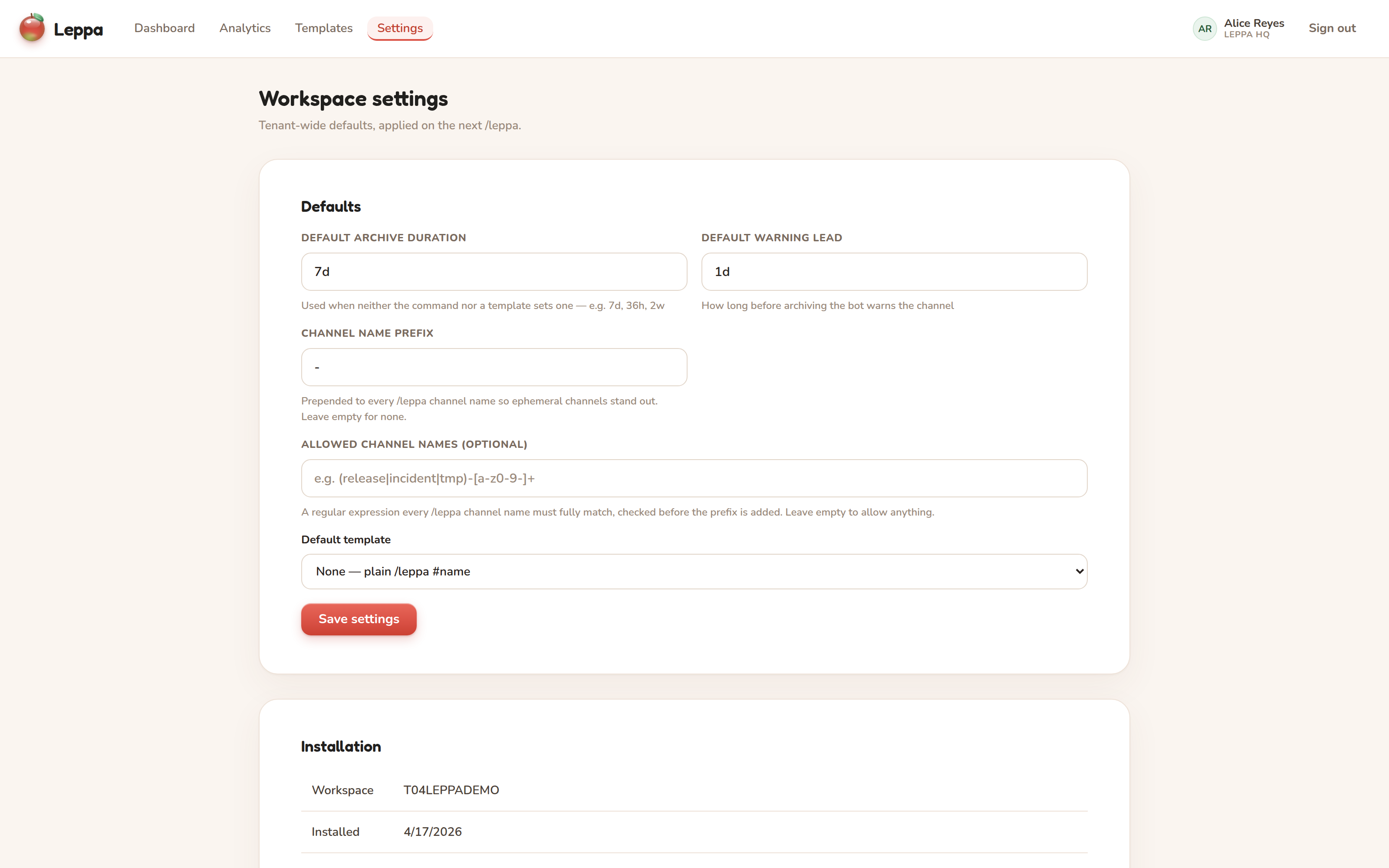 Workspace settings: default duration, warning lead, channel prefix, allowed names, and default template