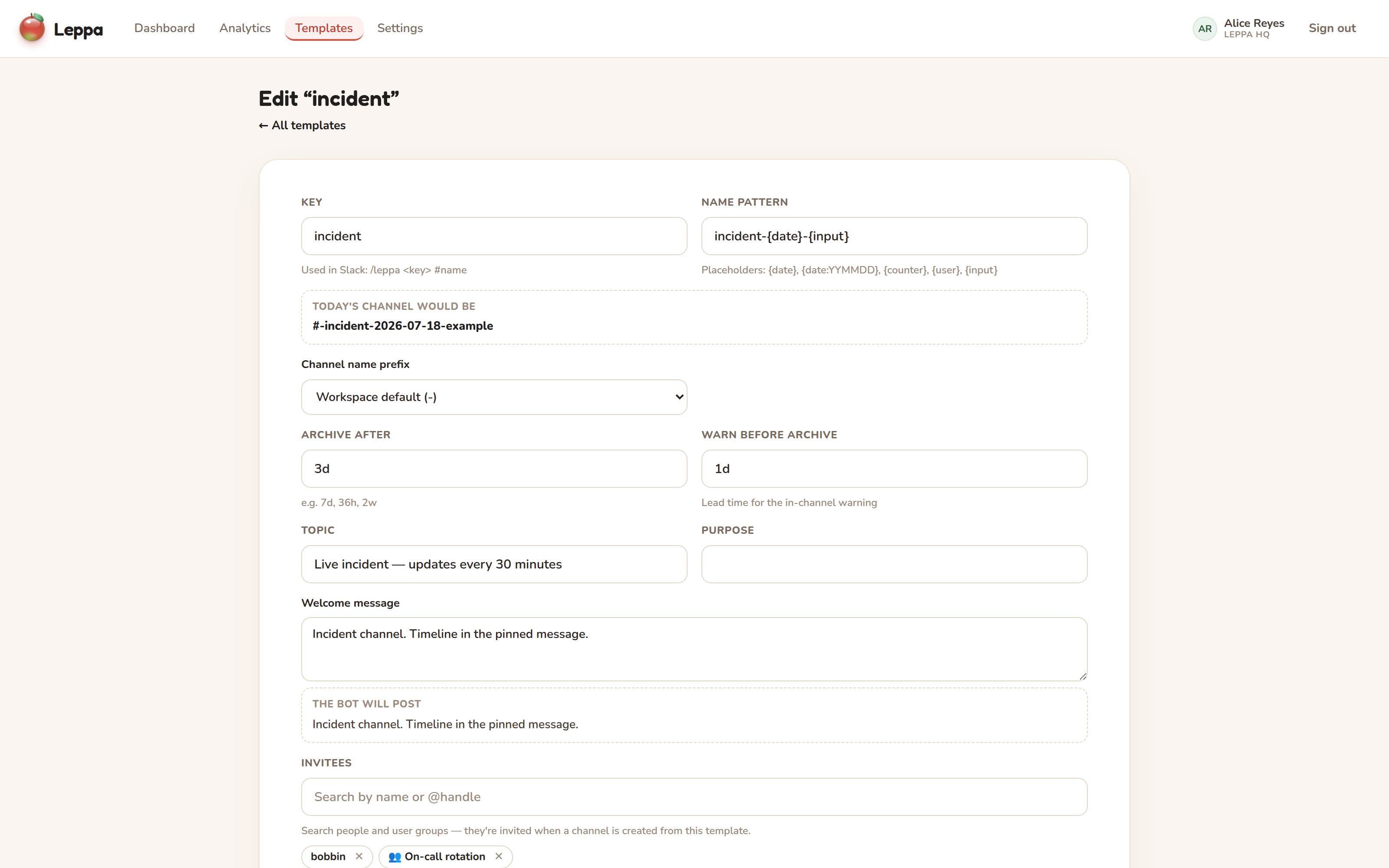 Editing a template: the form previews today's channel name as you type the pattern